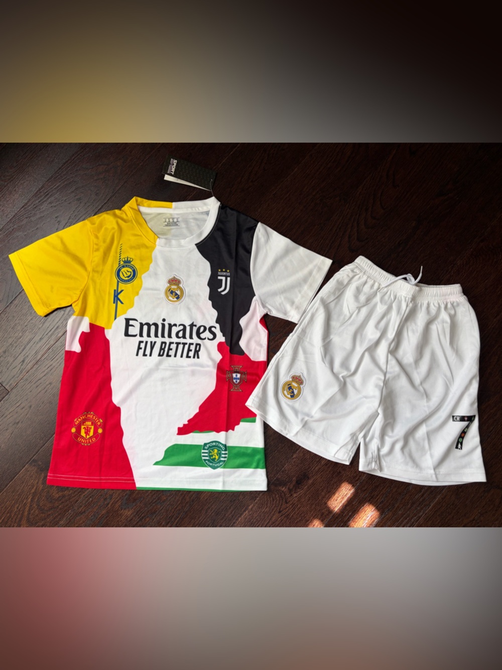 CR7- BEST FASHION Multicolor Kids Soccer Jersey and White Shorts Set